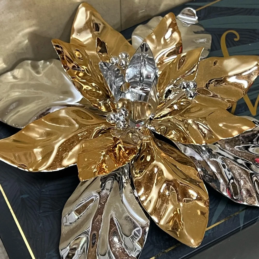 Vintage 7 inch Department 56 Gold and Silver Poinsettia Taper Candle Holder